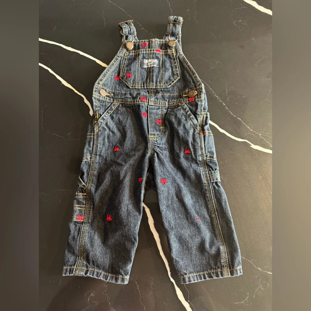 OshKosh B'gosh Kids Denim Overalls‎ - Blue with Red Train Embroidery
